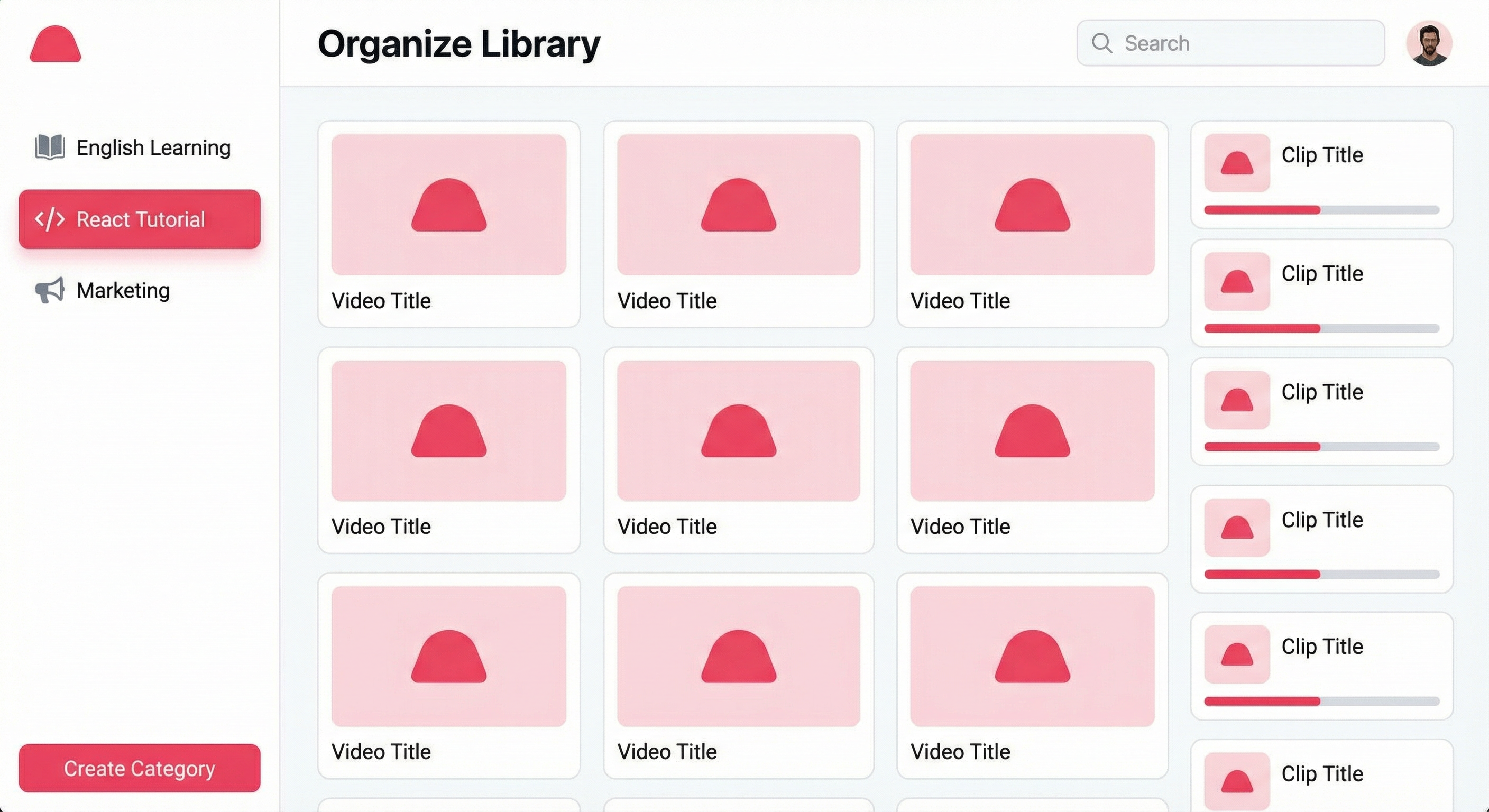 動画とクリップをカテゴリで整理している画面イメージ